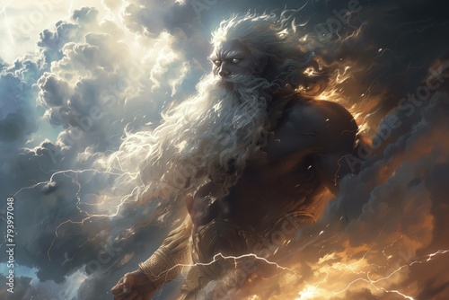 Zeus menacing evil in the clouds male appearance with a beard and a stern look with lightning in thunderclouds furiously strikes with flashes of electric discharges photo