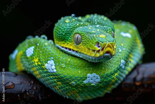 Green Tree Python: Wrapped around a branch with vibrant green scales, contrasting with the background 