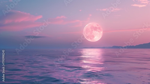 Blue sea and pink sky Saw a large moon in the distance. beauty of nature