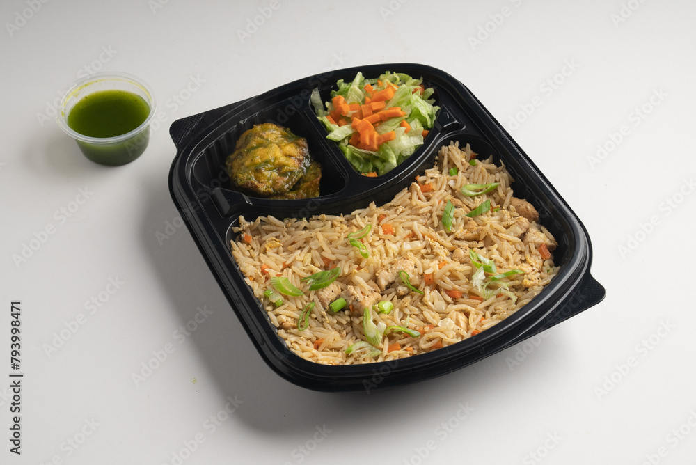 Rice meal box with Chicken Fried rice, Veg Salad and coriander ginger dip Rice meal box with Chicken Fried rice, Veg Salad and coriander ginger dip