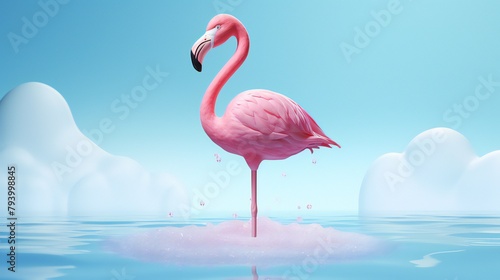 Melting pink stick ice cream with a flamingo float against a pastel blue backdrop. A minimalist summer theme with a creative thought. three-dimensional rendering Illustrations .