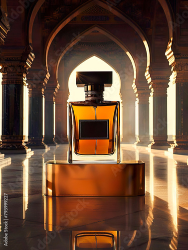 Frasco de perfume índiano em um pódio de ouro no templo índiano simétrico. photo