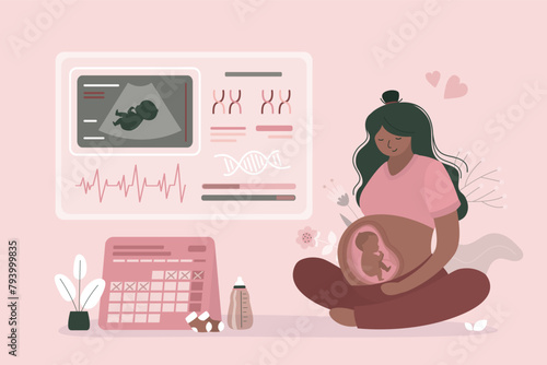 African american pregnant woman sitting in lotus position. Human  unborn child fetus in mother belly. Abdominal ultrasound, medical research. Baby in womb.