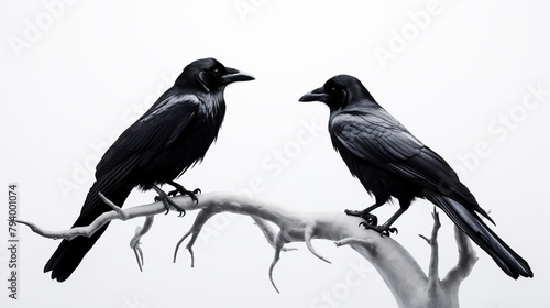 "Contrast and Elegance Black Crows on a White Background, Rendered in Stunning HD Resolution."