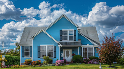 A serene sky blue home adorned with siding and shutters exudes charm amidst the tranquil surroundings of the suburban landscape on a sunny day.