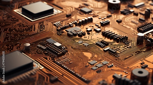 gros plan d'un circuit imprimé, micro composants electroniques, cuivré,  généré par IA	 photo