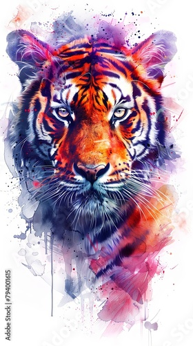 Tiger drawing design portrait illustration in vivid watercolor multicolor style photo