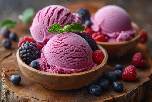 Artisanal ice cream scoops with fresh berry toppings  served in handcrafted bowls on a rustic wooden table