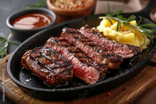 Cast iron plate with sliced grilled rib-eye cooking a medium-rare steak with mashed potato and sauce in saucer over table.