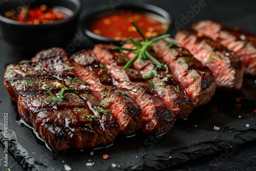 Sliced flank steak cooked medium on a charcoal grill on a dark background. Top view