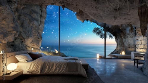 A bedroom with a large window overlooking the ocean photo