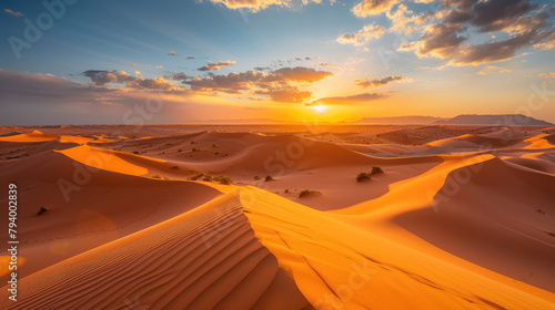Panoramic view of golden sunset rays over vast sand dunes