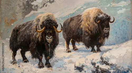 oil painting of two musk ox