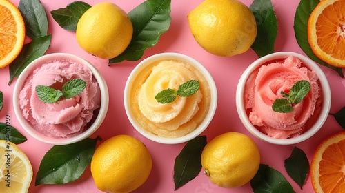 Flat lay of homemade vegan sorbet variety, in natural fruit shells (coconut, lemon, orange), tropical leaves backdrop