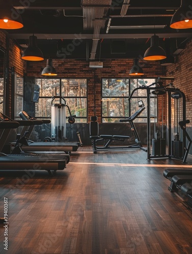 A minimalist gym space with sleek exercise machines and unbranded fitness gear.