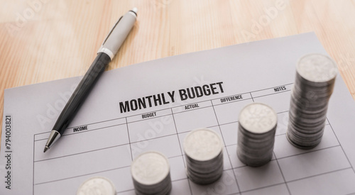 A monthly budget form printed on paper and pen on the table. Coins overlapping on the table representing a raise