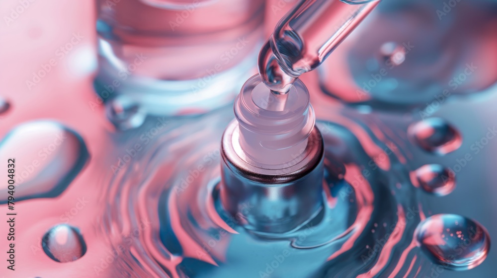 Bottle of moisturizing serum stands in the water waves ultraviolet background. Bottle of moisturizing serum stands in the water waves ultraviolet background.