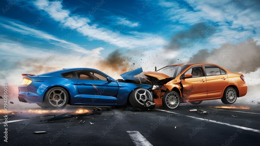  high-speed collision between a vibrant blue car and an intense orange car, both traveling at breakneck speeds. Debris is scattered everywhere, including tires, glass shards, and other car components