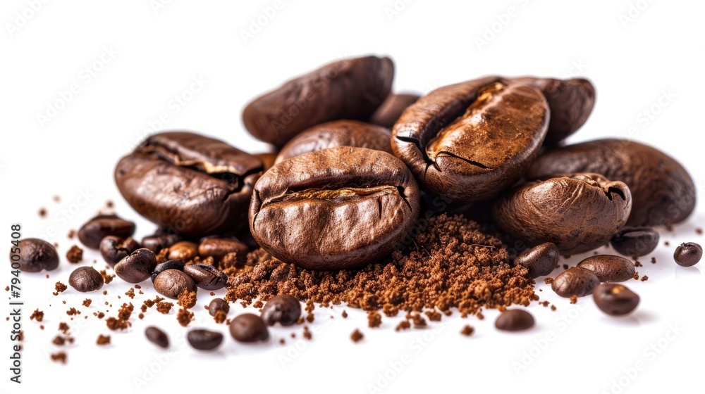 Fototapeta premium Freshly Roasted Coffee Beans with Coffee Grounds on a White Background Image of a Beverage Made from Coffee Granules with Space for Text