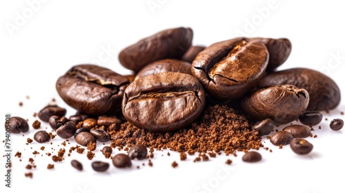 Freshly Roasted Coffee Beans with Coffee Grounds on a White Background Image of a Beverage Made from Coffee Granules with Space for Text