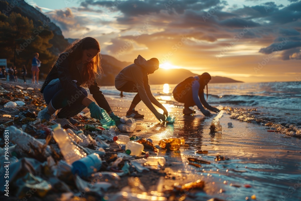 Three people are picking up trash on a beach. Volunteer