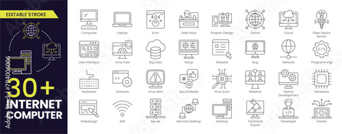 Internet Computer Stroke icon collections. Containing online, computer, network, website, server, web design, hardware, software and programming. Stroke icon collection Outline icon
