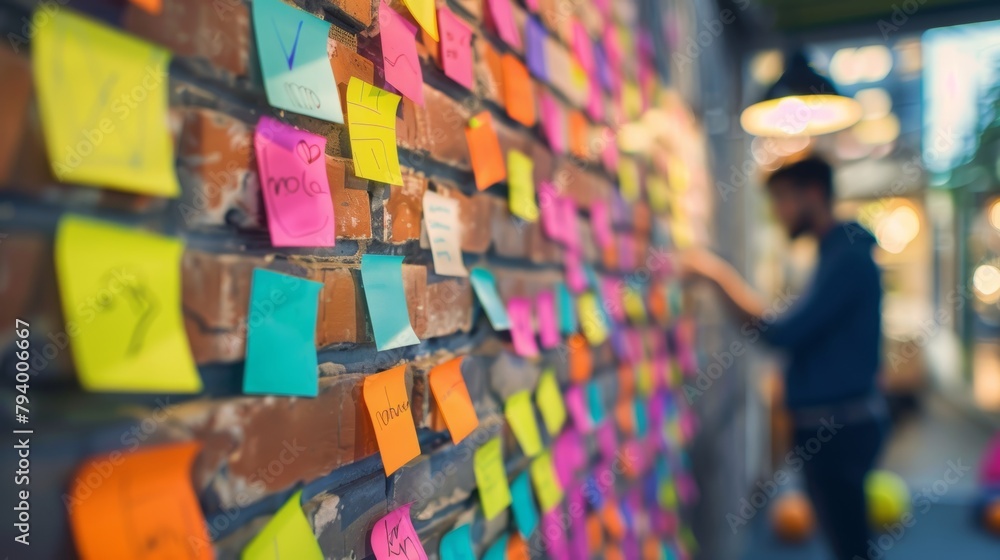 Colorful Sticky Notes on Brick Wall with Person