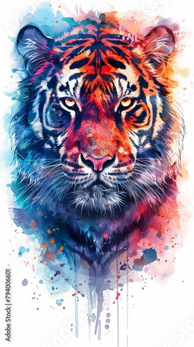 Closeup portrait illustration design of siberian tiger in multicolor style isolated photo