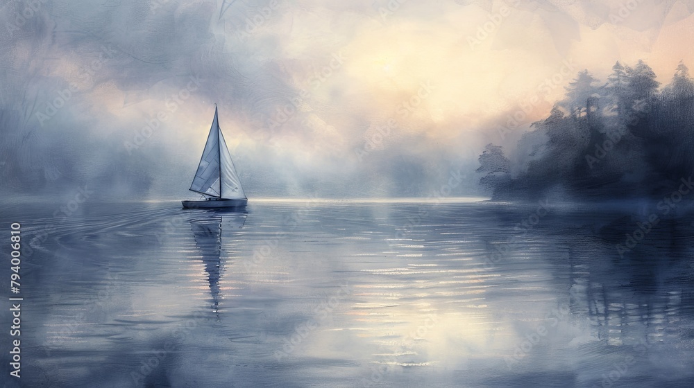 Painting of a sailboat on a misty lake with sunlight breaking through the clouds.