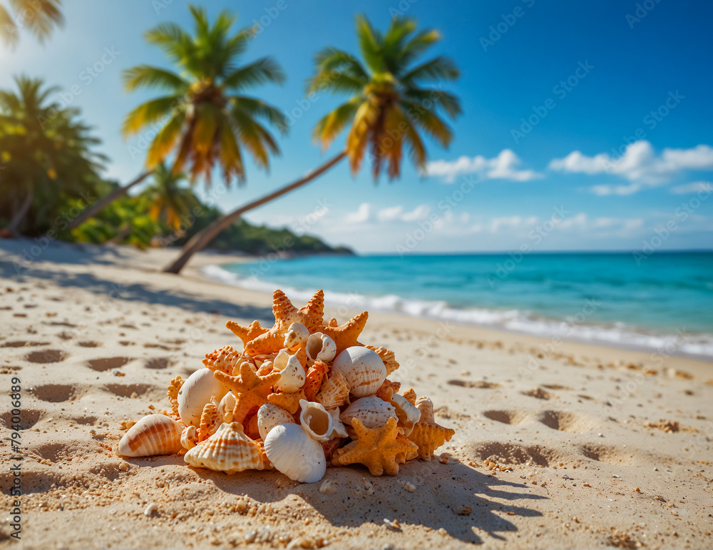 Obraz premium A beach in a tropical vacation destination with palm trees and clear blue sea. Seashells on the beach.