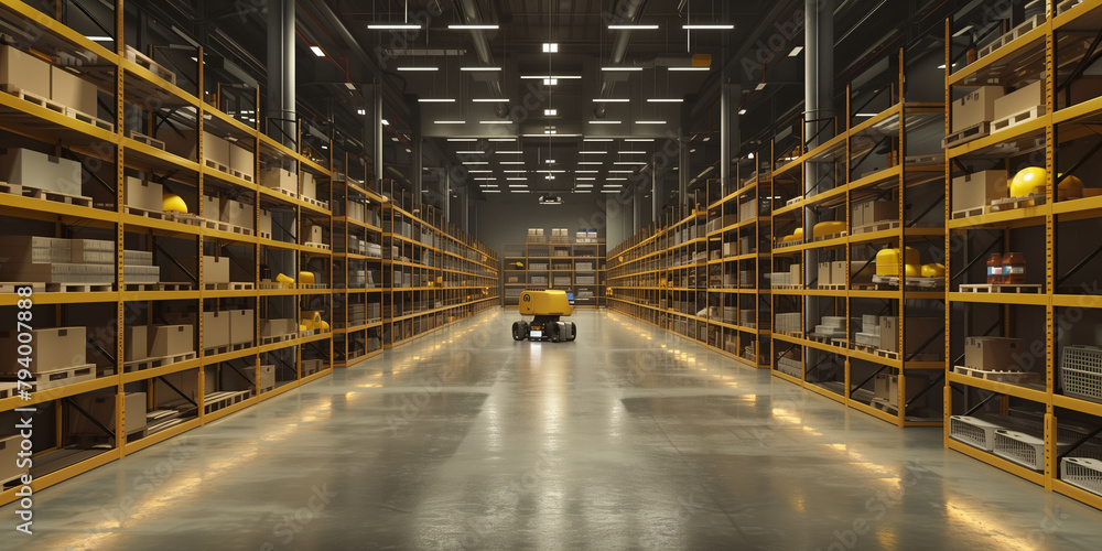 Innovative distribution center with high-tech robotics and organized shelves for efficient inventory control.