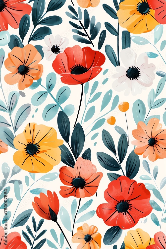 A seamless pattern of colorful flowers and leaves in a watercolor style. The flowers are mostly red, orange, and yellow, with some blue and white flowers as well. The leaves are green and blue-green.