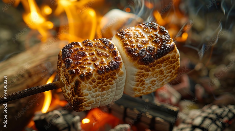 Fototapeta premium A marshmallow is being cooked over an open fire.