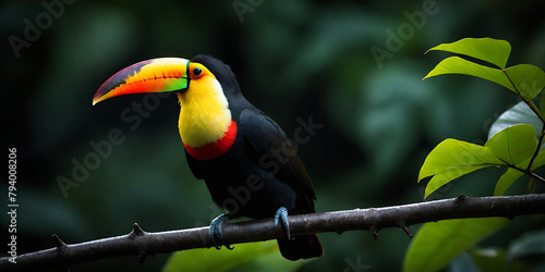 a colorful bird perched on a tree branch in a forest with green leaves and a dark background with a yellow and orange beak and a black toucan 4k wallpepar