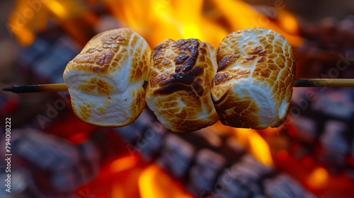 A close up of marshmallows on a stick over a fire.
