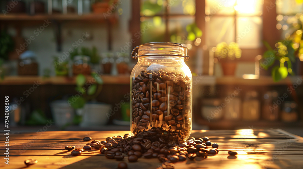 Coffee beans in a glass jar on a wooden kitchen counter, basking in the warm sunlight of a cozy home.