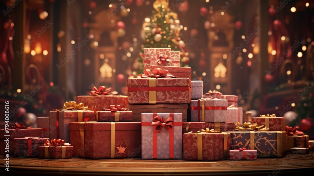 b'A table full of beautifully wrapped Christmas presents with a decorated Christmas tree in the background.' b'A table full of beautifully wrapped Christmas presents with a decorated Christmas tree in the background.'