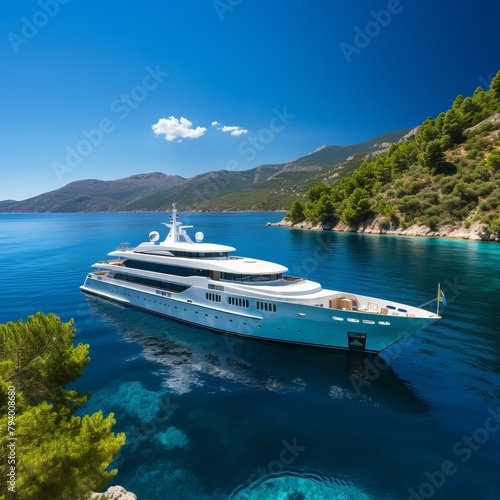 b'A large white luxury yacht is anchored in a beautiful bay surrounded by green hills.'