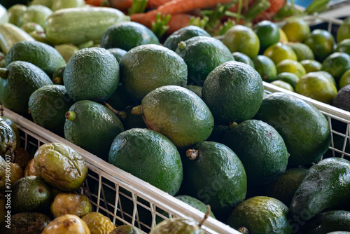 Fresh ripe green avocados, tropical fruits and vegetables on farmers market on Fuerteventura, Canary islands, Spain