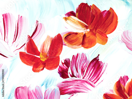 Red abstract flowers, original hand drawn, impressionism style, color texture, brush strokes of acrylic paint, art background.