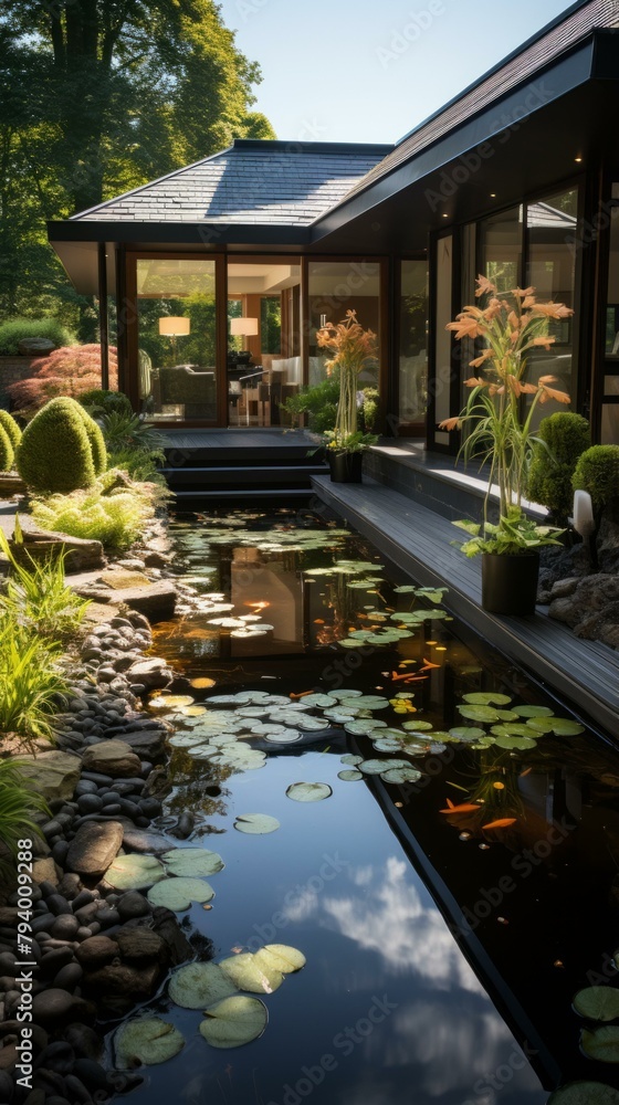b'A tranquil garden with a pond, plants, and a house in the background'