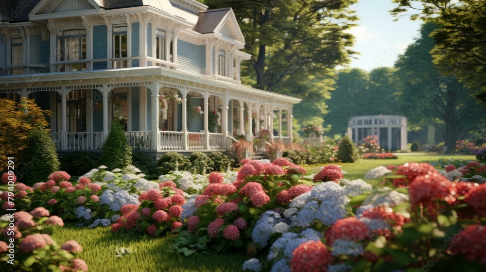 b'Large two-story house with a wrap-around porch and a beautiful garden full of colorful flowers'