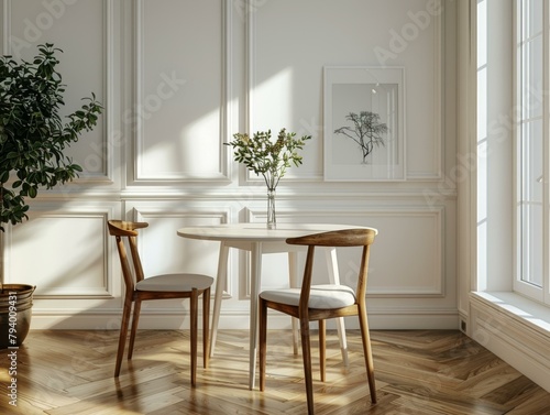 Simple and bright dining room with round wooden table and two chairs by the window © Adobe Contributor