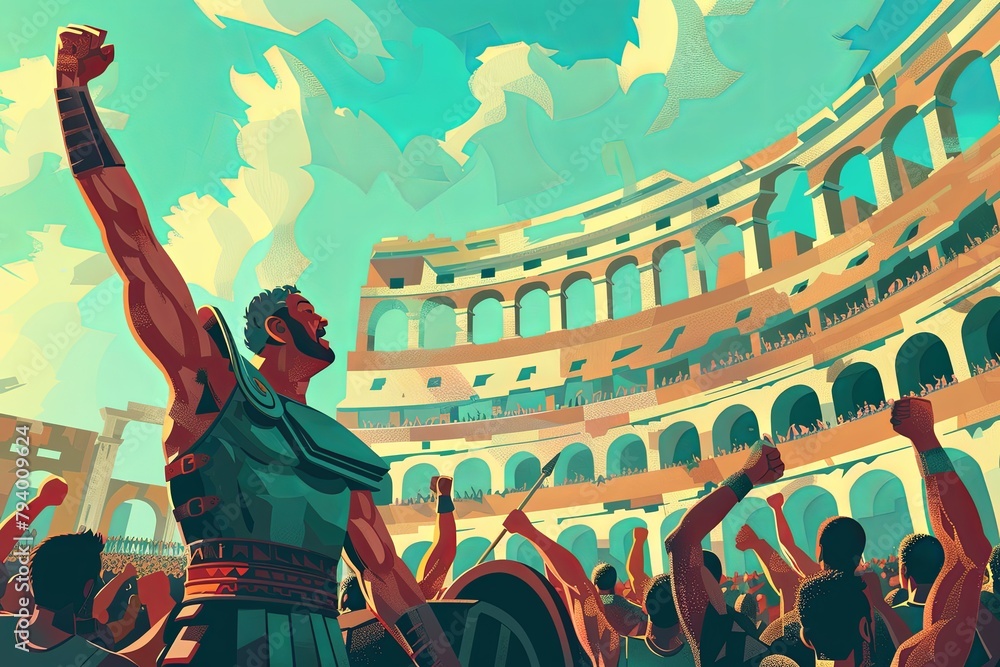 A victorious gladiator raises his fist to the sky, claiming glory as the crowd cheers on in the ancient arena.