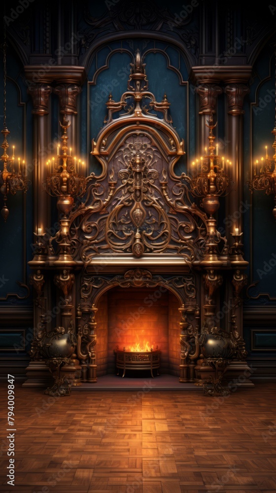b'Ornate fireplace in a grand hall' b'Ornate fireplace in a grand hall'