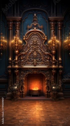 b'Ornate fireplace in a grand hall'