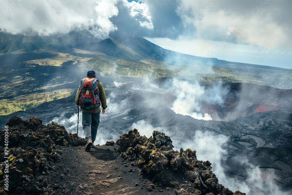 Travel adventer concept. A lone hiker with a backpack gazes at an expansive volcanic landscape with smoke billowing from an active eruption. Travel adventer concept. A lone hiker with a backpack gazes at an expansive volcanic landscape with smoke billowing from an active eruption.