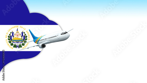 3d illustration plane with El Salvador  flag background for business and travel design