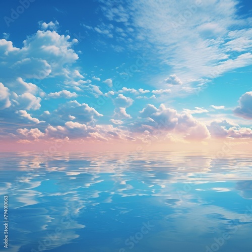 b'Blue sky and white clouds over calm water'