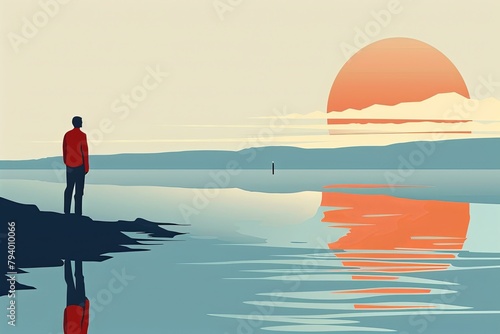 A solitary figure in a vibrant orange hoodie reflects upon a tranquil waterscape, evoking themes of solitude and contemplation.